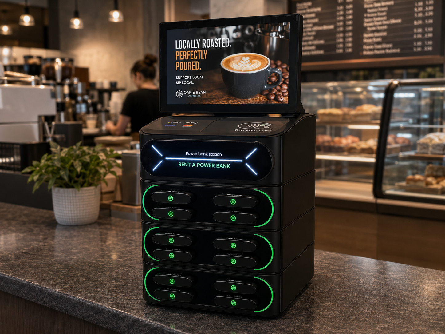 Voltage Nexus battery rental kiosk on a venue counter, with a local ad playing on its built-in digital screen